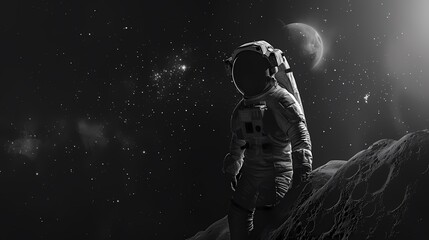 Obraz premium Digital technology black and white astronaut and space poster background