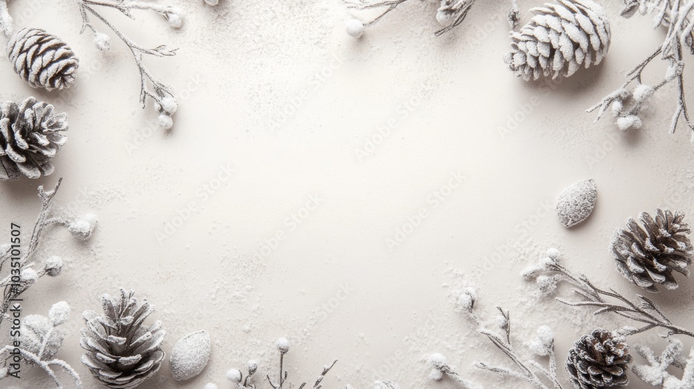 Poster natural pine cones and frosted twigs are artistically placed on a soft white surface, creating a ser