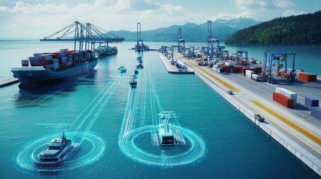 Autonomous Ships Navigating a Harbor with Cargo Containers and Cranes