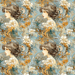 Art Nouveau style pattern featuring a woman and flowers in warm tones, elegant design with copy space