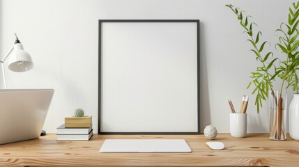 A contemporary home office with a wooden desk and white walls. The main feature is a blank picture frame, with a single