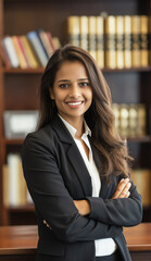 Portrait of a Young Modern Indian Female Lawyer Smiling in a Courtroom Setting