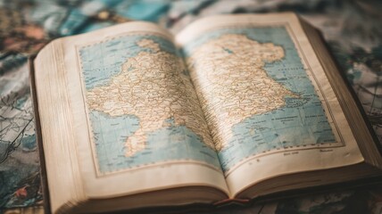 Open book displaying detailed map, placed on surface with more maps