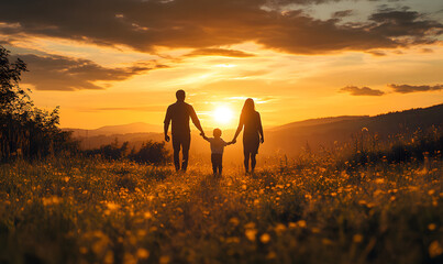 A family holding hands at sunset, a warm scene full of family love and friendship