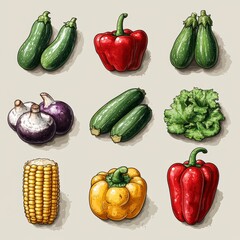 Hand Drawn Fresh Vegetables Set   Zucchini  Peppers  Lettuce  Corn  Onion