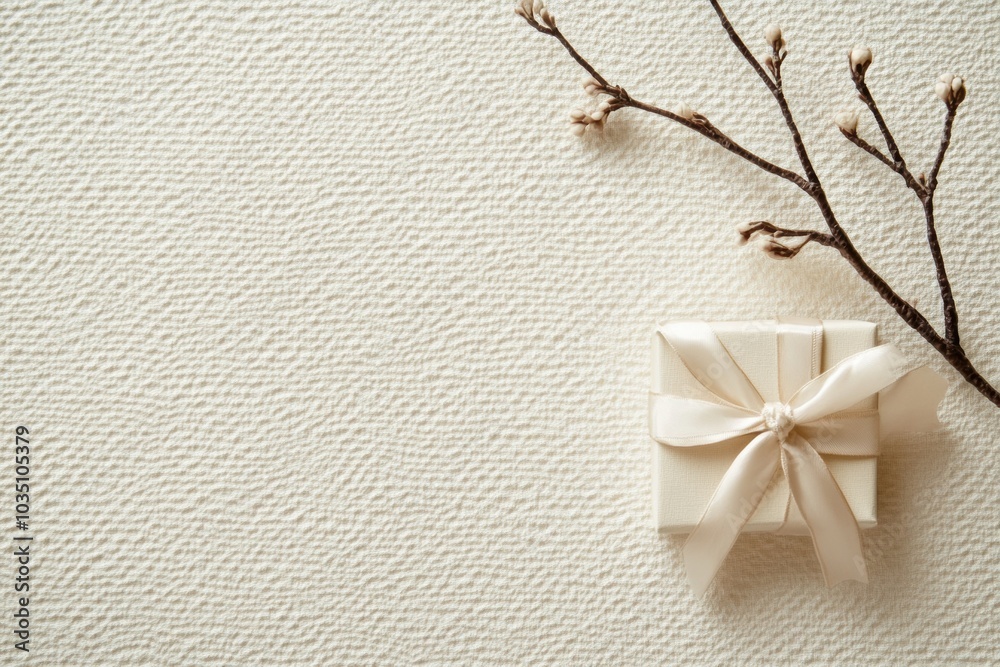 Poster A small, elegantly wrapped gift box with a bow rests in a corner, complemented by a light textured background that adds warmth. Generative AI