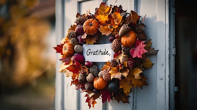A gratitude wreath made of colorful fall leaves, acorns, and pumpkins, with a ribbon elegantly displaying “Gratitude,” hanging on a white farmhouse door,