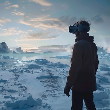 Man in virtual reality glasses on the background of a winter landscape.