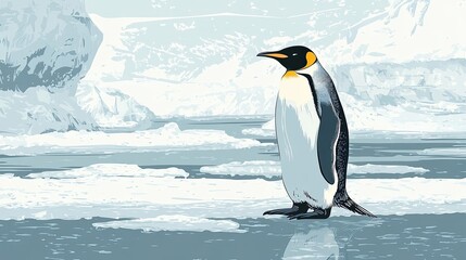 Naklejka premium A solitary emperor penguin standing on ice floes in a frozen landscape