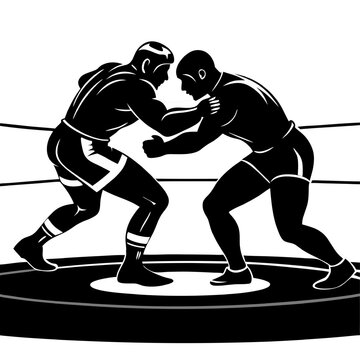 recommend clip art: Wrestling Match: Two wrestlers face each other in the ring, locked in a fierce grapple.  The silhouette illustration captures the intensity and athleticism of the sport. 