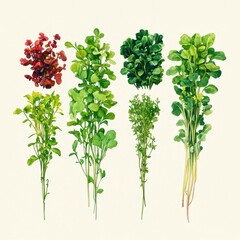 Fototapeta premium Fresh Herb Selection Green and Red Watercolor Illustration
