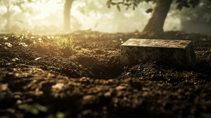 Fototapeta premium A grave that seems freshly dug, provoking thoughts of mortality and fear.
