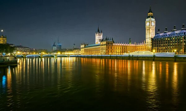 Winter night view of London iconic Westminster Palace and Big Ben, with snow falling over the illuminated cityscape reflected in the River Thames