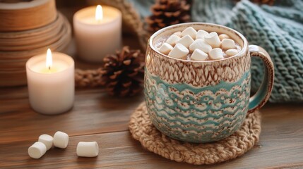 Handcrafted ceramic mug with marshmallows on knitted coaster, surrounded by pine cones and candles