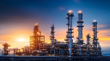 High-tech fuel refinery plant, complex pipelines, modern industrial design