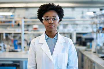 African American confident female scientist in a lab coat, standing in a modern laboratory, People photography