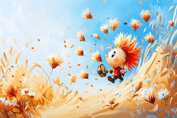 Cartoon Boy Running Through Field of Flowers.