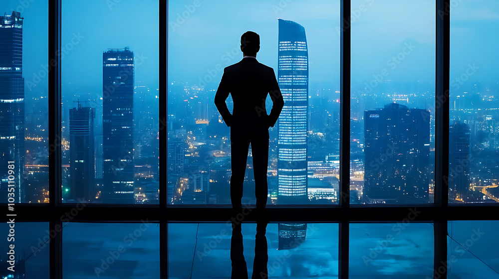 Wall mural businessman standing confidently in front of large window overlooking city skyline at night, showcas