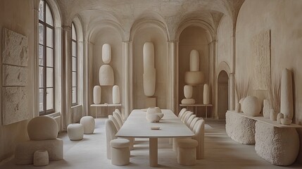 A bright and open plan dining room featuring sleek and modern furniture large windows and a minimalist contemporary decor style that creates a comfortable and eco friendly living space