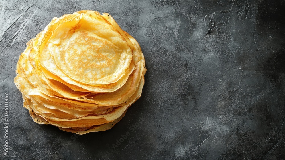 Poster A tempting stack of golden crepes awaits on a dark surface, perfect for indulgence at breakfast or as a delightful dessert. Generative AI