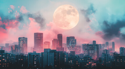 Obraz premium vibrant city skyline at dusk with large moon illuminating scene, creating magical atmosphere filled with colorful clouds and urban silhouettes