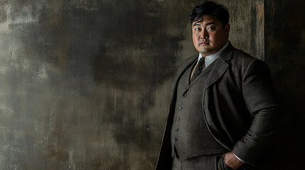 stylish man in tailored suit stands confidently against textured wall, exuding sophistication and charm. His poised demeanor and well fitted attire create striking visual impact