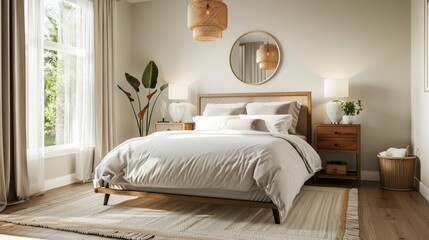 A cozy coastal Scandinavian bedroom featuring a double bed with a headboard, bedside tables