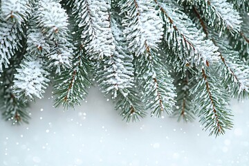 Elegant green pine branches with intricate white snowflakes on a white background. Perfect for Christmas cards, winter decorations, and holiday season promotions.