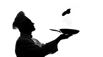 A silhouette of a chef holding a frying pan, flipping food in mid-air. v2