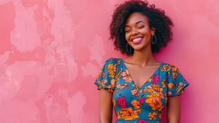 Joyful African-American Woman Embracing Body Positivity in Trendy Summer Dress Against Pink Backdrop..