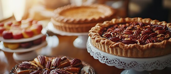 A display of various delicious pies and desserts on a table.