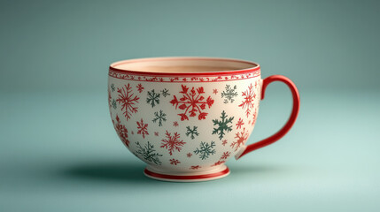 Delicate Christmas themed tea cup featuring intricate snowflake designs in red and green, perfect for holiday gatherings and warm beverages