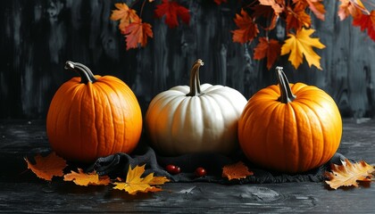 decorative background with lined pumpkins for decorations in autumn surroundings, on a black background
