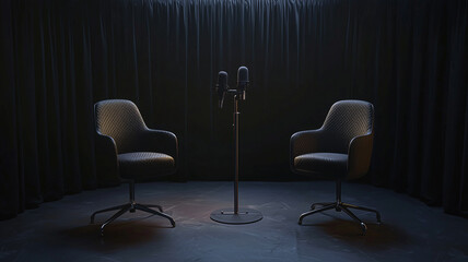 Open Podcast Area Showcasing Two Chairs and Professional Microphones for Recording..