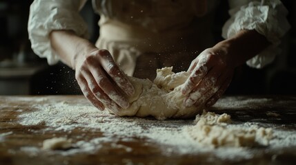 Fototapeta premium Close-up of Hands Kneading Dough with Flour Dust