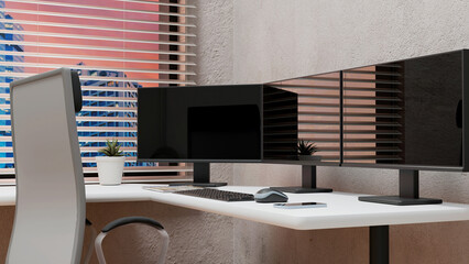 3D illustration: Black monitor on desktop. Black monitor and keyboard on white desktop in office...