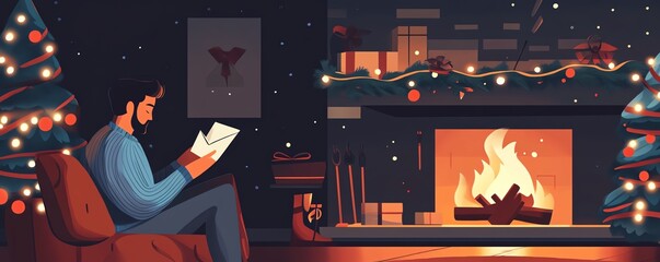 Christmas trees, cozy fireplace, human in sweater writing love letter, flat design illustration