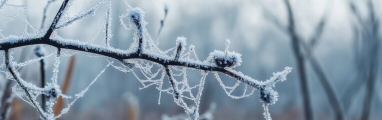Obraz premium Frost-covered branches glistening in the early morning light at a tranquil winter landscape. Wide web banner.