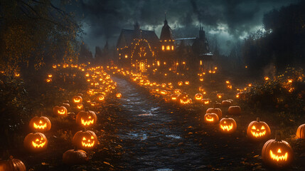 Fototapeta premium A glowing path lined with jack-o’-lanterns leading children to the best Trick-or-Treating houses.