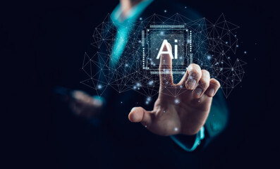 Programmer people working laptops or smartphones with AI, artificial intelligence software engineer coding on laptop computers with technology icons and binary code, big data, Ai bot digital machine