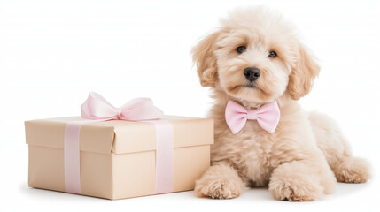 Obraz premium fluffy puppy with pink bow tie sits beside beautifully wrapped gift box, exuding charm and joy. This adorable scene captures essence of celebration and companionship