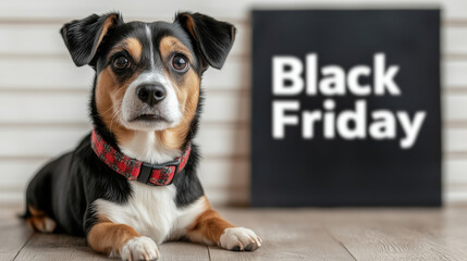 cute dog with black and tan coat poses in front of Black Friday sign, showcasing curious expression. This captures festive spirit of shopping