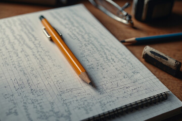 A pencil placed in a notebook on the study table