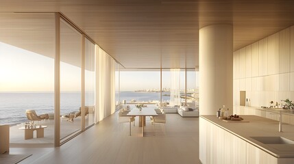 Bright and airy open plan living space with a sleek and contemporary kitchen design featuring stylish furnishings and modern lighting fixtures