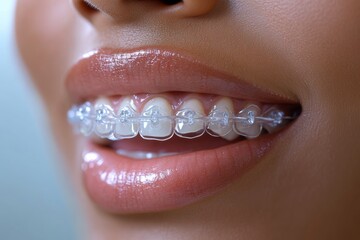 Woman with braces on her teeth. The teeth are white and the braces are clear. The woman has a big smile on her face