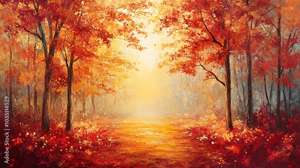 Wall mural A serene autumn day with leaves cascading from the trees, the ground covered in a colorful carpet of reds and oranges, soft golden sunlight streaming through the trees,