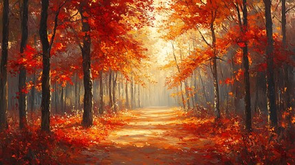 A serene autumn day with leaves cascading from the trees, the ground covered in a colorful carpet of reds and oranges, soft golden sunlight streaming through the trees,
