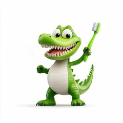 Fototapeta premium Cartoon crocodile holding a toothbrush on white background