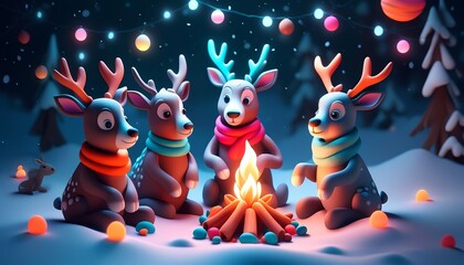 Tiny family of clay reindeer gathered around glowing bonfire in 3D clay style