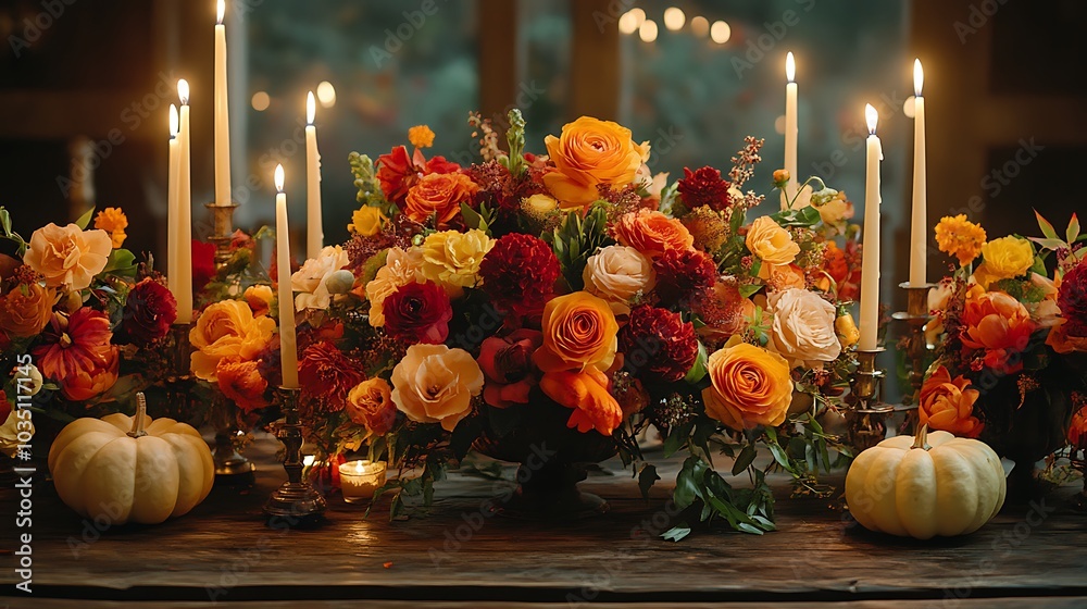 Canvas Prints A stunning Thanksgiving centerpiece featuring candles, gourds, and autumn flowers in rich hues of orange and red, arranged on a rustic wooden table,